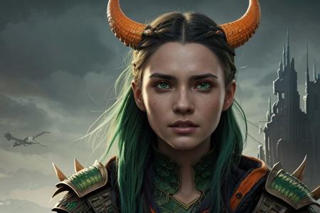 comic This stunning young woman, human dragon hybrid, extreme close-up, covered in green multicolored matte scales as skin, striking orange yellow reptilian eyes, dragon horns. Despite being bald except a braided auburn pony tail, she exudes confidence and strength, her expression conveying a sense of power and determination. dvrscls,style of Don Lawrence, style of (Will Murai:1.2), style of (Greg Rutkowski:0.8), <lora:dvrscls:0.5>, . graphic illustration, comic art, graphic novel art, vibrant, highly detailed,