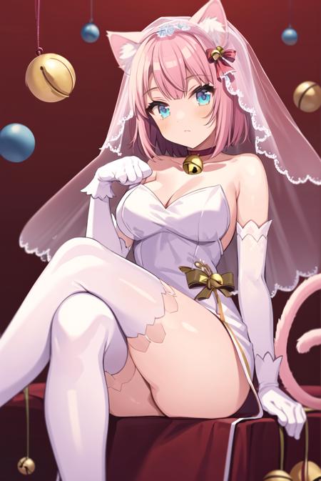 <lora:shigure:1>tail, 1girl, thighhighs, bell, dress, sitting, gloves, veil, choker, solo, breasts, pink hair, animal ears, crossed legs, cat tail, neck bell, elbow gloves, animal hands, cat ears, blue eyes, white gloves, bare shoulders, jingle bell, white thighhighs, red background, paw gloves, purple dress, closed mouth