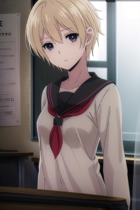 meihayakawa, <lora:mei hayakawa s1-lora-nochekaiser:1>,
mei hayakawa, short hair, bangs, blue eyes, blonde hair, hair between eyes, (black eyes:1.5),
BREAK shirt, long sleeves, jewelry, school uniform, white shirt, earrings, serafuku, sailor collar, neckerchief, red neckerchief, black sailor collar, stud earrings,
BREAK indoors, classroom,
BREAK looking at viewer, (cowboy shot:1.5),
BREAK <lyco:GoodHands-beta2:1>, (masterpiece:1.2), best quality, high resolution, unity 8k wallpaper, (illustration:0.8), (beautiful detailed eyes:1.6), extremely detailed face, perfect lighting, extremely detailed CG, (perfect hands, perfect anatomy),