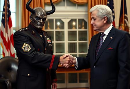 general satan in an immaculate military dress uniform posing for photo shaking hands with president clinton of the united states in sharp suit inside the oval office, real photograph,  dark empty eyes, demonic, photorealistic, correct hands, correct fingers, presidential seal, vote button, campaign photo, election, elegant scene