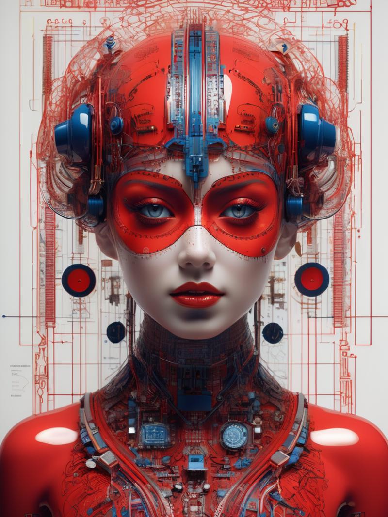 A red and blue colorful robot head with a woman's face and blue eyes.