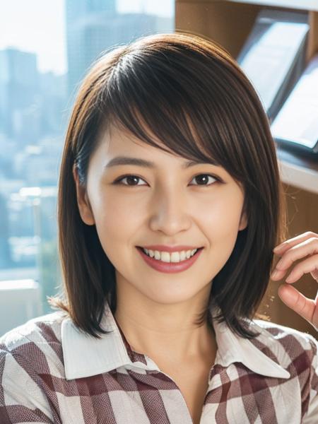 30 year old slim bodied woman, (short brown hair:1.2), wearing an open white shirt sitting in a large detailed leather office chair, cluttered office room with city scene in window background, freckles on chest, cleavage, pleated gray plaid skirt, lace pantyhose, heels, extremely detailed skin pores, (detailed skin:1.2), many layers, from below, smile, (looking at viewer:1.4), (eyes half shut) analog style, (realistic:1.5), shot with a DLSR, sharp focus, dramatic shadows, volumetric lighting, HDR, UHD, candid, modelshoot, eye symmetry, , black suit,<lora:Masami NagasawaV2:0.8>,