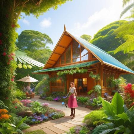 a beautiful  woman gardening in a beautiful costume in  futuristic permaculture rainforest with a house, style_solarpunk,  High Detail, Sharp focus, trending on artstation, Digital art,