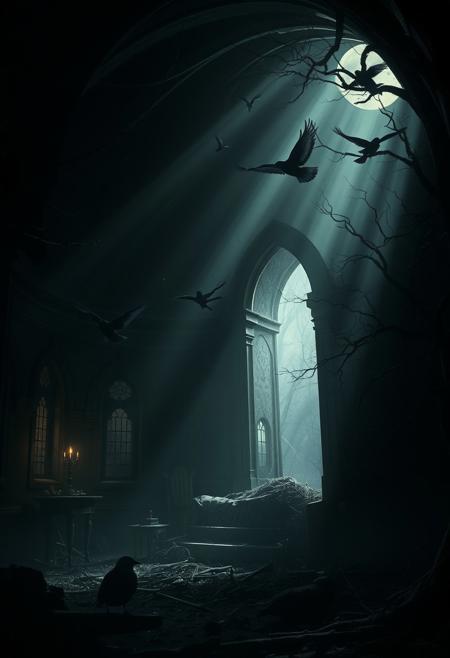 La Chambre D'Echo" - Where the death birds sing , sad environment, Dark, melancholic, Epic, hyper detailed, ultra realistic, top dramatic lights, dynamic shadows