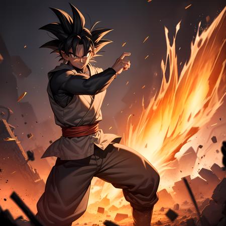 ((masterpiece, best quality)),(complex light),absurdres, highres,  1boy,solo,fighting stance, goku black,black hair,black eyes,  <lora:goku_black1-10:0.6>,destroyed debris background,smirk, fire,