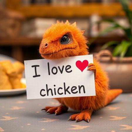 Photo from a table with a fluffy, orange t-rex holding a sign text: "I love chicken"