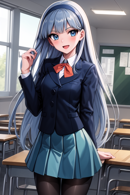 masterpiece,best quality,highres,
BREAK classroom,1girl,Umi_Ryuzaki,School_Uniform,blue_hairband,royal_blue_long_straight_hair,(blunt_bangs:1.2),blue_solid_jacket,white_dress_shirt,(orange_bowtie:1.1),blue_skirt,solid_pleated_skirt,black_pantyhose,:d,blush,
BREAK <lora:Umi_Ryuzaki_School_Uniform_v2.3:1>,