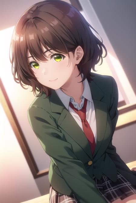 aoihinami, <lora:aoi hinami s1-lora-nochekaiser:1>,
aoi hinami, short hair, bangs, brown hair, (green eyes:1.5), smile,
BREAK skirt, shirt, long sleeves, school uniform, jacket, white shirt, pleated skirt, necktie, collared shirt, plaid, plaid skirt, blazer, red necktie,
BREAK indoors, classroom,
BREAK looking at viewer,
BREAK <lyco:GoodHands-beta2:1>, (masterpiece:1.2), best quality, high resolution, unity 8k wallpaper, (illustration:0.8), (beautiful detailed eyes:1.6), extremely detailed face, perfect lighting, extremely detailed CG, (perfect hands, perfect anatomy),