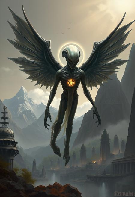 Digital painting of a winged Xenomorph human, cinematic style, ethereal and spiritual vibe, muted earth tones, light aura, detailed textures, atmospheric landscape with mystical forests, towering mountains, ancient ruins, and futuristic settings. Painterly approach, emphasizing depth and mood, realistic yet fantastical elements, immersive composition.