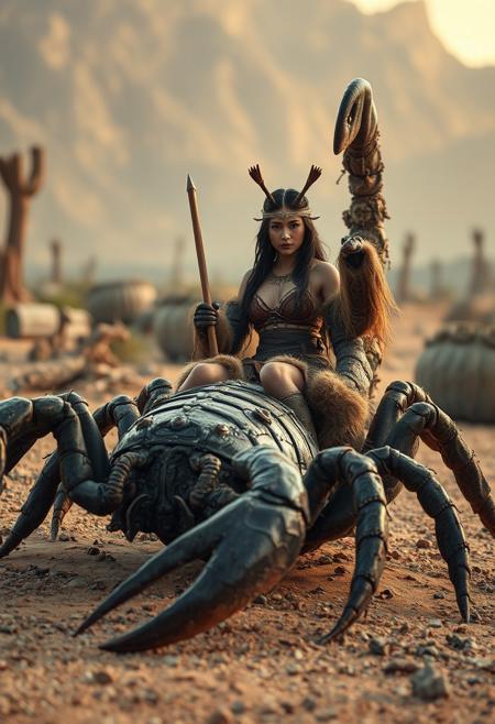 UHD 32k epic post-apocalyptic movie still, photograph, the setting is a surreal, otherworldly magic wasteland. Weird mutant desert flora and fauna. In the foreground, a sexy 20 year old Native American female barbarian wearing revealing low cut furs and boots riding a giant 10 foot long scorpion with rough carapace its tail stinger raised, closeup, interesting camera angle, sharp focus, studio photo, intricate details, highly detailed, sf, intricate artwork masterpiece, ominous, matte painting movie poster, golden ratio, trending on cgsociety, intricate, epic, trending on artstation, highly detailed, vibrant, production cinematic character render, ultra high quality model, close up portrait, film, studio lighting, detailed skin, ultra realistic, bokeh, sharp features