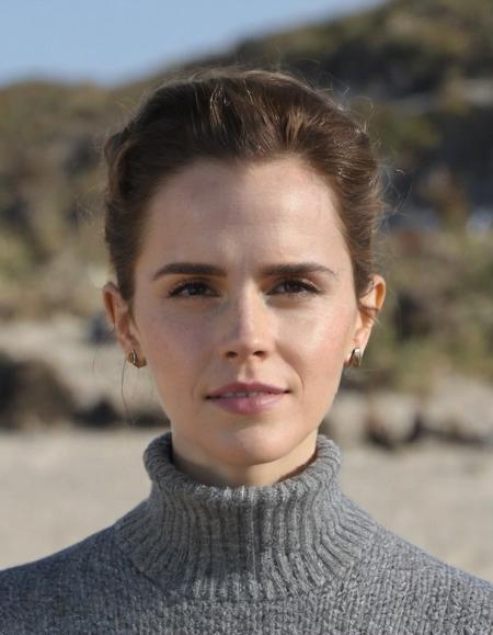 masterpiece, stunning closeup  portrait of (ohwx woman),  wearing a turtleneck sweater, medium breasts, at a beach, sunny day