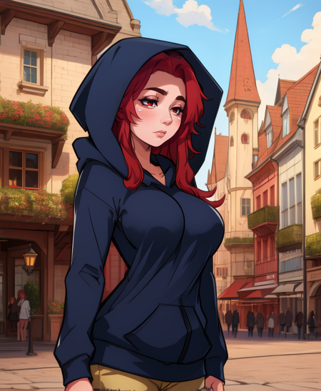 Nachiroux,red eyes,long red hair,bored,solo,
long sleeves,black hoodie,hood up,shorts,
fantasy,in town square,morning,
(insanely detailed, beautiful detailed face, masterpiece, best quality),<lora:Nachiroux:0.8>,