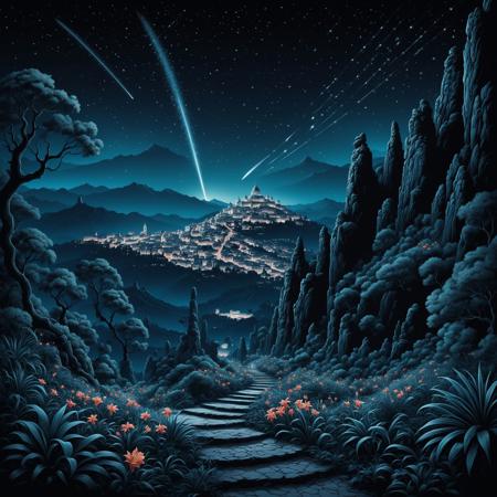 dramatic 60s illustration style, fantasy continuous line art, detailed Airbrush painting of an insane details, ("Silent footfalls on sacred ground, where history echoes, and the whispers of ancestors guide our way.":1.3) , it is very Holy and Robotic, near Misshapen Granada, crowded flora and Shooting star in background, at Nighttime, tilt shift, Realistic, Romantic, Neoclassicism, Accent lighting, Depth of field 100mm, Mono Color, halftone texture, overly complex style, trending on CGSociety, 8K, emotional, epic atmosphere, contemporary fine detail, professional fine composition, ambient atmosphere