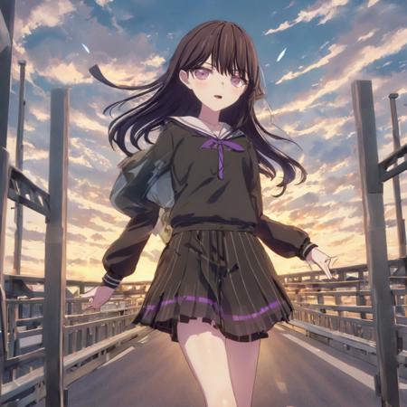 painted with extreme detail and magical light, under the rising sun, A cinematic portrait of a girl standing on crossbridge with wind blowing, looking at viewer, shiina taki, trending on artstation and pixiv  <lora:itsmygo_xl_16dim:1>