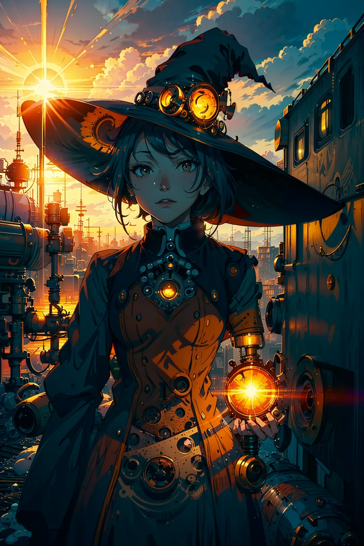 girl, fantasy, light, witch, magic, anime film <lora:steampunkai10MBLora_10mb:1>,steampunkai,robot, witch hat, witch dress...