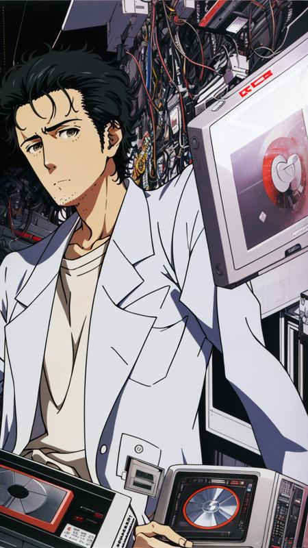 masterpiece, best quality, 1boy, ((okabe)), CRT, messy, wires, floppy disc, detailed background, anime style, <lora:okabe:0.8>