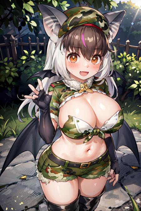 <lora:BrownLong-earedBatKemonofriends_Usako:0.7>, USAKO_military,
1girl,solo,masterpiece, best quality, high quality,delicate facial features,,mishoujo,hyper_detail,(((game cg))), finely detailed beautiful eyes and detailed face,lustrous skin,colorful
brown_long-eared_bat_(kemono_friends), kemono_friends_v_project, bat_girl, virtual_youtuber, multicolored hair, brown hair, grey hair, pink_hair, bat wings, long hair, bat ears, brown eyes,large_breasts,fangs
fingerless gloves, (camouflage:1.3), shorts, navel, midriff, (beret:1.3),capelet,thighhighs, short sleeves, black footwear, belt, thigh boots, green shorts, crop top, cleavage, tied shirt, black gloves,
(standing:1.2),(cowboy shot:1.2),smile,blush, ass
(field:1.4),mountain,(sunlight:1.3), morning,