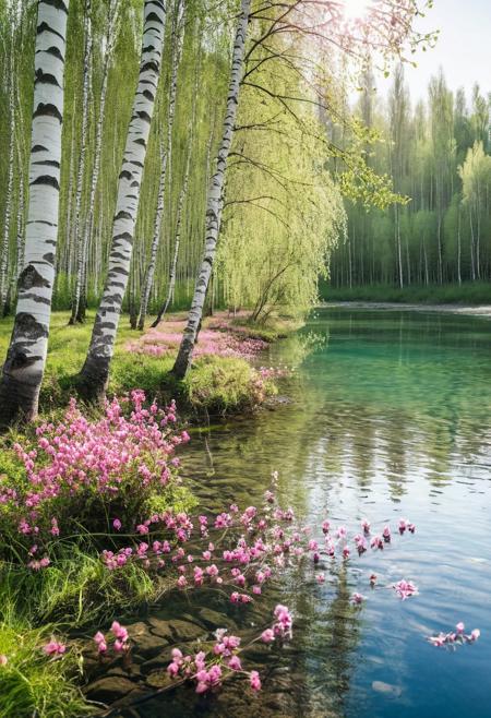 Amazing scenic view of birch forest with blooming pink flowers next to crytal clear water in river on background green trees in the morning rays of the sun, cinematic look, film, (shot on Nikon D850:1.2), <lora:add-detail-xl:1>, <lora:SDXLHighDetail:0.5>