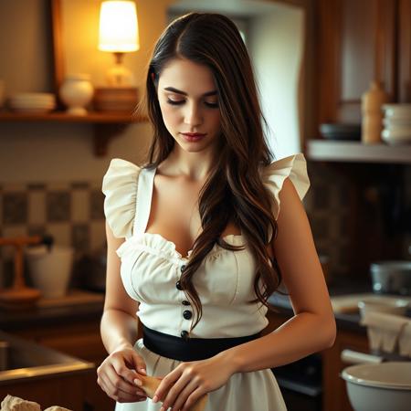 Retro photo of a stunningly beautiful petite young woman in a French maid outfit in the castle kitchen kneading dough, no makeup, long flowing brunette hair, massively huge breasts, delicate features, long neck, curvy hips, tiny waist, slender, closed mouth, full lips, looking down, soft light, glowing light from above. She exudes innocence, charm, and sensuality. The image is slightly grainy emphasizing its candid and impromptu nature captured in a spontaneous moment with soft lighting that adds to the overall charm of the snapshot.