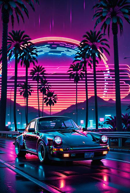 cinematic film still 80s synthwave, retro-futuristic, a classic black Porche 911 1980s sports car speeding around a neon-lit curve on a highway, with glowing palm trees lining the road. The scene is captured from a low-angle shot, emphasizing the sleek design and vibrant colors of the car, reflecting off the wet asphalt. The background features a neon sunset with horizontal lines, characteristic of the synthwave aesthetic, in vivid hues of pink, purple, and blue. The image is highly detailed with dramatic lighting, creating a sense of speed and motion. The artwork has a vaporwave vibe, combining retro and futuristic elements with bold, electric colors and a minimalist, sticker-like style on a white background. The atmosphere is surreal and cinematic, with sharp contrasts and intense glow effects, reminiscent of 80s digital art. This 3D render, illustration, is crafted with high resolution, capturing the essence of a synth wave cityscape in extreme detail and dynamic composition. 8k resolution with a focus on vibrant neon and striking details, evoking a nostalgic yet futuristic feel. <lora:FluxCyberpunkAnimeStyle.safetensors:1.0>, cyberpunk, anime,  . shallow depth of field, vignette, highly detailed, high budget, bokeh, cinemascope, moody, epic, gorgeous, film grain, grainy