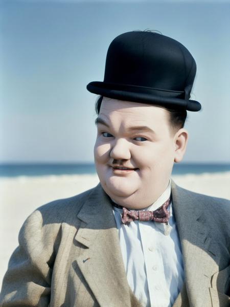 <lora:laurel and hardy-v1.0c:1> laurel, hardy, hat, colorized, posing at the beach, wearing a white t-shirt, realistic, film grain, sharp, bokeh, uhd