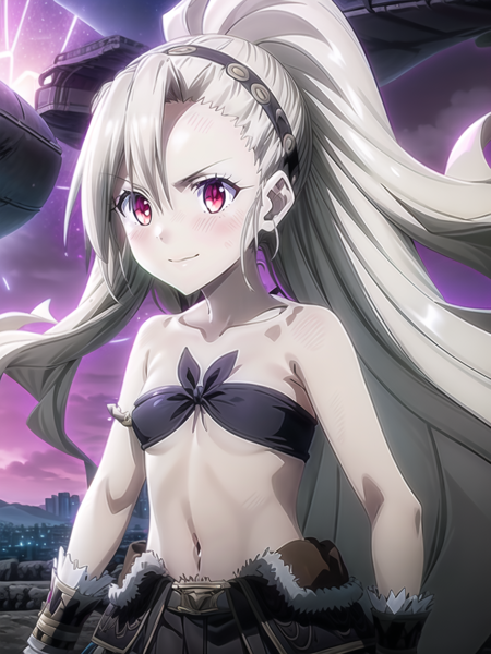 1girl,long hair,solo,red eyes,ponytail,bare shoulders,hairband,navel,looking at viewer,small breasts,fur trim,collarbone,cosplay,blonde hair,skirt,very long hair,hair between eyes,strapless,smile,midriff,holding,blush,closed mouth,city background,holding weapon,barefoot,high ponytail,black hairband,huge weapon,wrist cuffs,bandeau,flat chest,floating hair,sky,full body,sidelocks,standing,cloud,waist cape