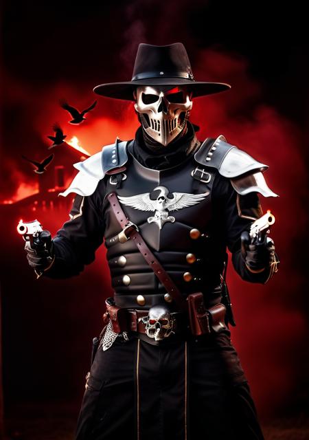 realistic live action photo of a man, wearing skull mask and silver knight armor, opened mouth, gloves, with handguns in both hands pointed at the camera , and wide-brimmed hat, (worn-out clothes:1.4), red sky with crows and red lightnings, tattoos, black mist, fire, zombies, dim lighting, phone quality