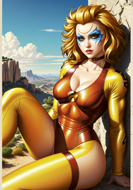 (best quality:1.33), (masterpiece:1.42), (detailed:1.15), (cartoon:1.5), facepaint, skintight (bodysuit:1.2), makeup, floating hair, leotard,retro artstyle, halftone, night,photoshoot of amazing the CheetaraQuiron  character,  muscle body, muscle legs, abs,  Sitting on edge pose, cinematic, ( sidelighting, finely detailed beautiful eyes: 1.2), hdr , exaggerated features,  A dry place like an empty desert, historical fantasy,  <lyco:quiron_Cheetara_v1:1.0>