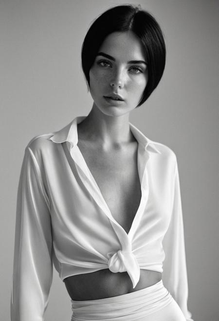 Stunning b&w 35mm full body photo of a beautiful (woman like [Ava Lavinia Gardner:russian girl:0.6]), Blunt Cut Haircut, black_hair. perfecteyes, dark circles under eyes, highly detailed skin, (lightest freckles and (moles) all over body:0.9), flat chested. hips. little_belly. standing in a casual pose with her hands on her hips. braless. 
wearing (wide-open:1.2) white_silk_shirt which do not cover her bare breast. unbuttoned shirt. (nipslip:1.4). perfect areola. open shirt. nipples. open shirt. visible round small tits. wearing a tight high-waisted black_spandex_leggings. perfect small breasts.
intricate poses by ruth bernhard. (Photography and style by ruth bernhard). 35mm, Hasselblad. capturing fashion-forward visuals, creating visual impact,evoking emotion,pushing creative boundaries. 
golden hour, shot from the side, playful pose, god rays,artistic photoshoot, NSFW