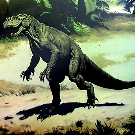 olddinosauroilpainting  no_humans, realistic, tree, traditional_media, dinosaur, outdoors, sharp_teeth, claws, tail, teeth, day, grass, monster, signature, dragon, shadow, painting_(medium), open_mouth