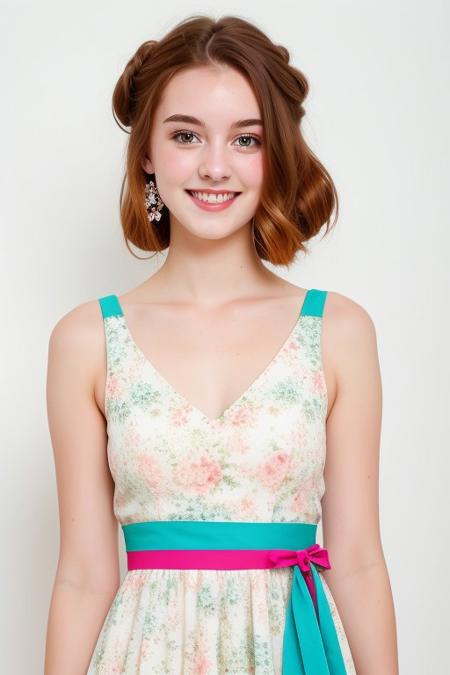 HD, perfect quality, 16k, very detailed,  a beautiful 21yo college girl with ginger hair in an updo, pale skin, wearing a calico floral dress, pink fleckes, green eyes, slim, detailed skin, hair behind ear, smiling proudly, standing in front of white background