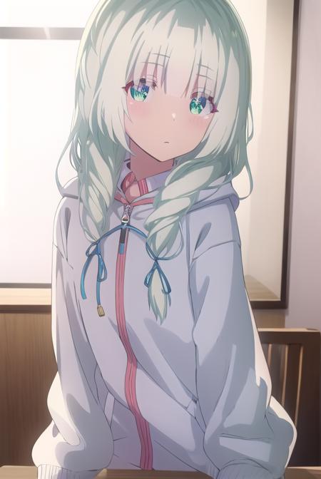 koharuootori, <lora:koharu ootori s1-lora-nochekaiser:1>,
koharu ootori, long hair, bangs, (green eyes:1.3), hair ribbon, braid, white hair, blue ribbon, hair over shoulder,
BREAK shirt, long sleeves, white shirt, collared shirt, hood, sleeves past wrists, hoodie, yellow jacket,
BREAK indoors, classroom,
BREAK looking at viewer,
BREAK <lyco:GoodHands-beta2:1>, (masterpiece:1.2), best quality, high resolution, unity 8k wallpaper, (illustration:0.8), (beautiful detailed eyes:1.6), extremely detailed face, perfect lighting, extremely detailed CG, (perfect hands, perfect anatomy),