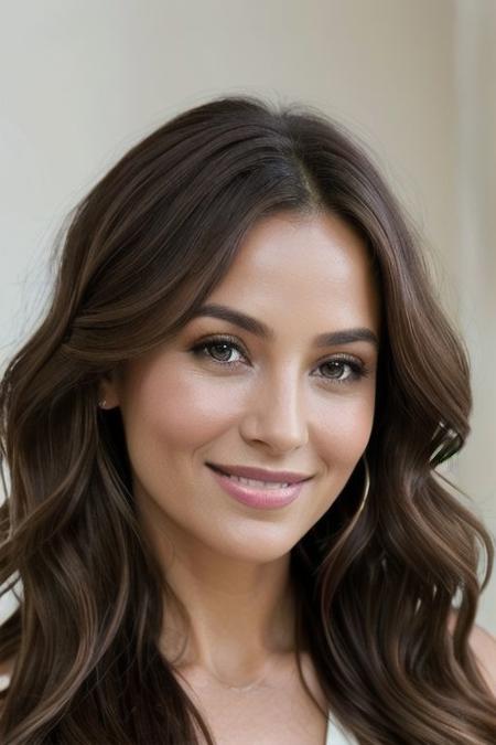 Age 40, deep olive-toned eyes, gently curved nose, plump lips in a smile, warm and well-maintained skin, wavy copper-toned hair, confident gaze and gentle smile, elegance and inner strength.
 BREAK ((BEST QUALITY)),((MASTERPIECE)),((DETAILED))