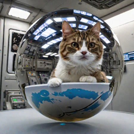 Photo of a cat on top of a reflective sphere floating inside a space station