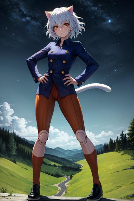 masterpiece, best quality, highres,
neferpitoudef, 1girl, solo, orange eyes, white hair, short hair, wavy hair, bangs, curly hair, animal ears, hair between eyes, breasts, medium breasts, cat girl, cat tail, tail, cat ears,
(joints:1.4), doll joints, shirt, long sleeves, pantyhose, shorts, collared shirt, blue shirt, spoken question mark, brown shorts, orange shorts, shoes, socks, other focus, hunter x hunter, neferpitou, 
standing, full body, spread legs, cameltoe, looking at viewer, hands on hips, outdoors, forest, field, night, sky, night sky, star \(sky\), starry sky, <lora:LoRA_Neferpitou:1>