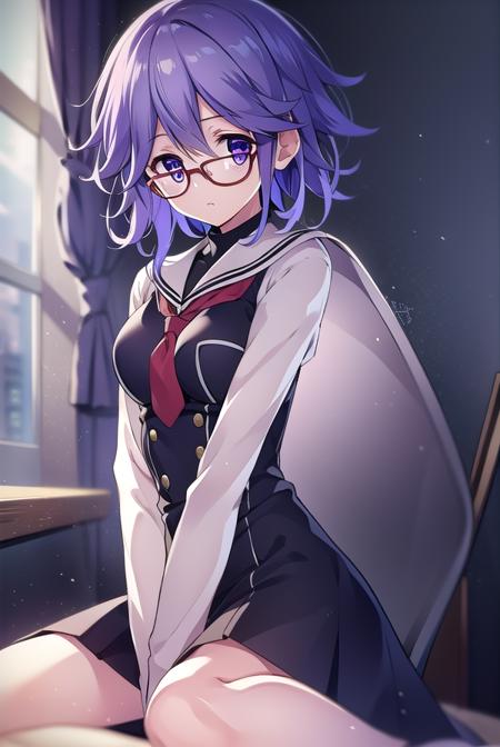 hanakazuki, <lyco:hanakazukiLYCORIStest:1>,
hana kazuki, short hair, hair between eyes, (purple eyes:1.1), purple hair,  glasses,
BREAK long sleeves, dress, school uniform, necktie, black dress, short dress, red necktie,
BREAK looking at viewer,
BREAK indoors, classroom,
BREAK <lora:GoodHands-vanilla:1>, (masterpiece:1.2), best quality, high resolution, unity 8k wallpaper, (illustration:0.8), (beautiful detailed eyes:1.6), extremely detailed face, perfect lighting, extremely detailed CG, (perfect hands, perfect anatomy),