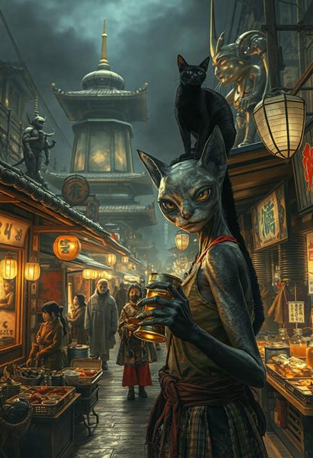 Setting is ancient Japanese street market at night in a city of an extremely advanced extraterrestrial civilization, ((all writing is in an alien script)), ((all lighting is exotic and of an extremely advanced technology.,  the market is comprised of street vendors selling food, exotic technological wonders, and alien clothing. The extraterrestrial beings have a variety of appearances (some are human-like, others are insectoid or feline or canine or reptilian, they are wearing a variety of clothing are walking through the street market shopping and eating, A black cat with red collar sits on a nearby wooden roof at a market kiosk. Behind the a kiosk counter are containers of exotic goods, (((a beautiful alien anthropogenic cat-like being, 24 years old, is standing in the foreground facing the viewer with a glowing metal goblet of beer in her paw/hand. Her eyes are beautiful and focused on the viewer, she has an expression of interested curiosity))), the being is dressed in exotic style clothing of a completely exotic aesthetic. Enormous metallic statues and temples are visible in the background and around the scene and smaller statues are prevalent in the market, Epic image that elicits a feeling of wonder and awe,
