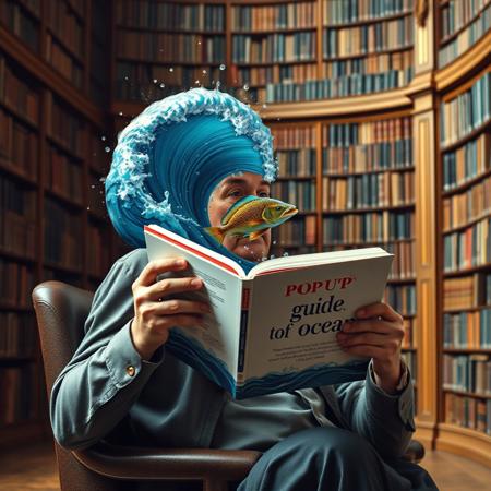 A side view of a man sitting in a large library opening a picture book titled: "Pop up guide to the ocean". A large wave with a fish is bursting out of the book and hitting the reader in the face as it is opened