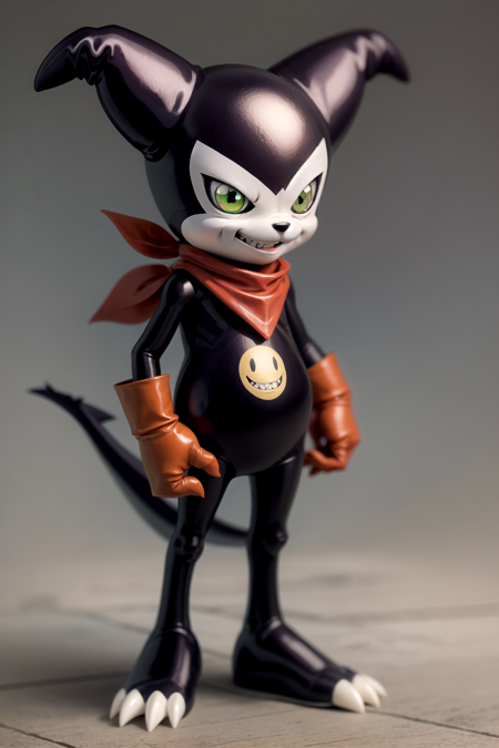 masterpiece, best quality, impmon, solo, full body, red gloves, green eyes, grin, looking at viewer, no humans, sharp teeth, smile, standing, tail, teeth,  digimon \(creature\),  simple background <lora:Impmon:1>