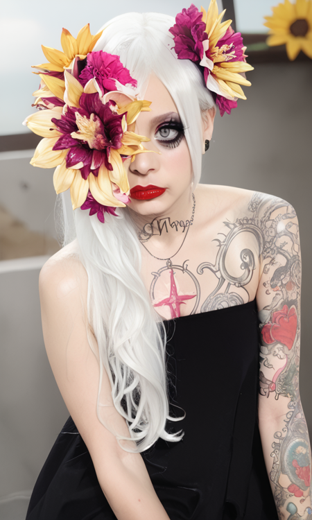 m3t0, long hair, white hair, flower covering the eye, makeup, gray eyes, red lipstick, tattoo, black dress, exposed shoulders