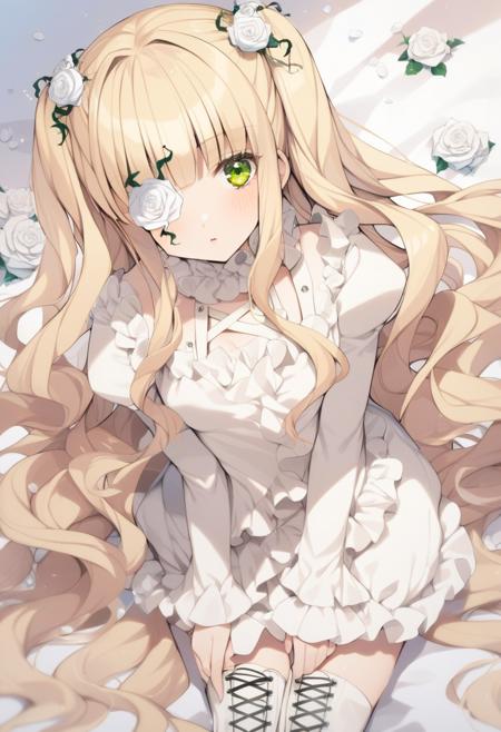 1girl, kirakishou, blonde hair, cross-laced footwear, flower, flower over eye, frilled shirt, frilled skirt, green eyes, hair flower, hair ornament, juliet sleeves, long hair, looking at viewer, wavy hair, white flower, white rose, high quality, late, <lora:char - kirakishou - v1 - bionagato:1>