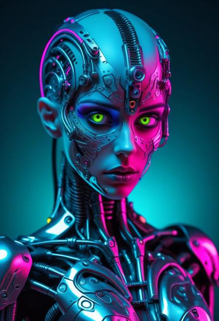 biomechanical girl with a cyberpunk appearance with metal pieces on her face and body, with a glass appearance and very vivid neon-type colors, deep gaze, very stylized and feminine, big eyes, no hair