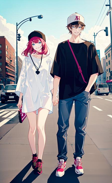 masterpiece, best quality, 2others, couple, 1man with 1woman, Height difference, happy, love, smile, casual clothes, oversized shirt, different fashions, modern urban street, holding hands, hat