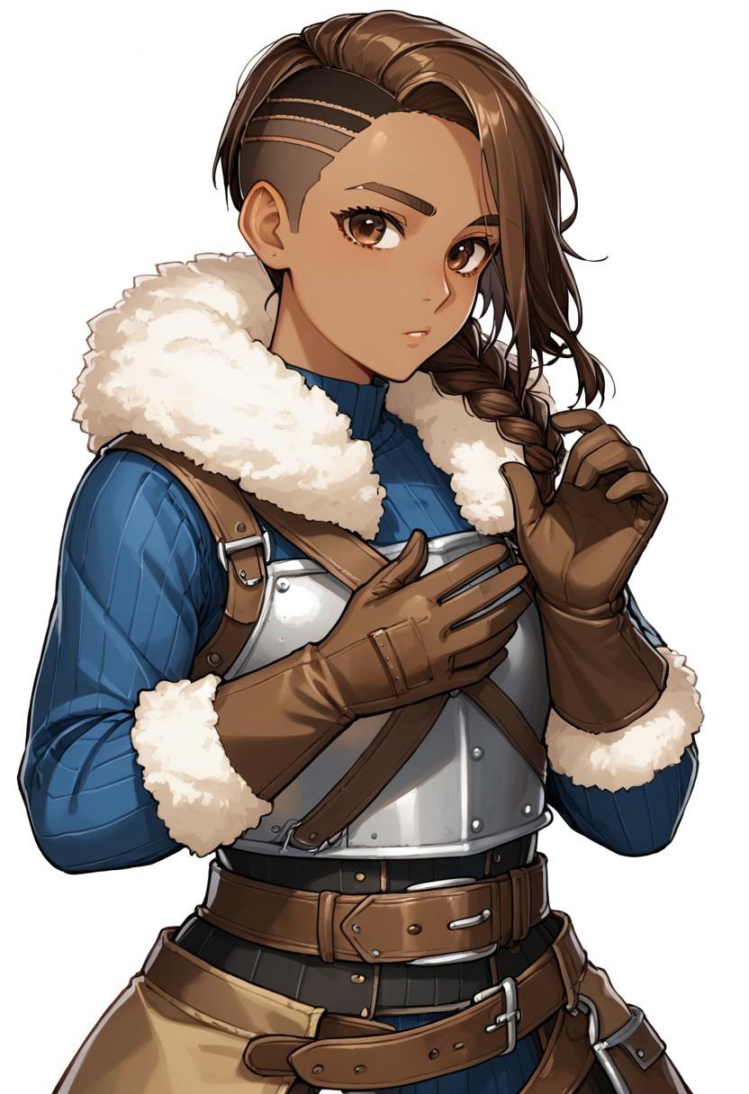 score_9, score_7_up, source_anime, half body, 1girl,  lumberjack, African, black skin, brown eyes, long dark brown hair, undercut hairstyle, side braid, looking at the viewer,   bulky medieval fur-trimmed leather armor, fur wrists, (fur-trimmed long brown gloves:1.8), brown fur pants, steel pauldrons, (gorget:2), empty hands, medieval fantasy, belt, white background