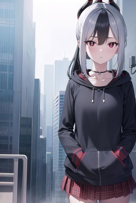 kayoko onikata, black hair, demon horns, hair between eyes, halo, horns, long hair, low wings, mole, mole on collarbone, multicolored hair, ponytail, (red eyes:1.5), single wing, two-tone hair, white hair, wings, black ponytail, black hoodie, choker, hood, hoodie, pleated skirt, skirt, red skirt,