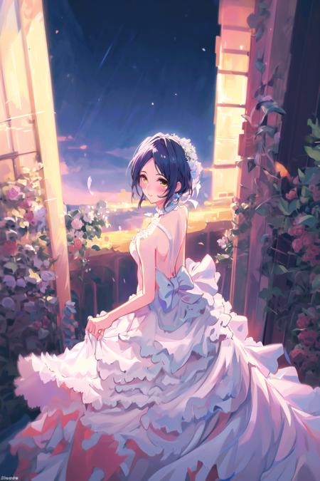 (best quality, high definition, masterpiece:1.2,), Illustration, night, 1girl, full body, (wedding dress), arm behind back, waiting for kiss, looking at viewer, happy, blush,<lora:kanadeV6:1>