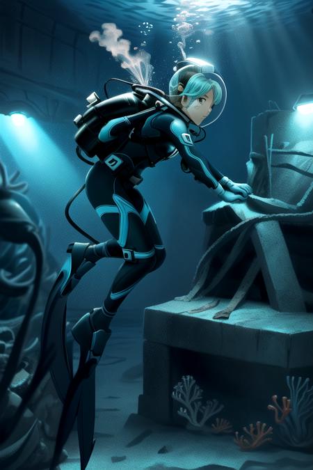 Pretty female scuba diver swimming underwater, exploring the interior of an ancient ship wreckage, ultra detailed, ((full body diving suit)), gloves, sharp focus, crystal clear, masterpiece, (1girl), (alone), ((underwater)), weight belt, ((lama scuba helmet)), (diving watch), (((deep sea dive))), ocean abyss, dim blue lighting, caustic effects, ((perfect anatomy)), ((perfectly drawn face)), ((perfectly drawn hands)), ((perfectly drawn eyes)), (black fins), anime still, fish school, [fish], (coral reef), alguae, <lora:lama_scuba_helmet_rev2-10:0.825>