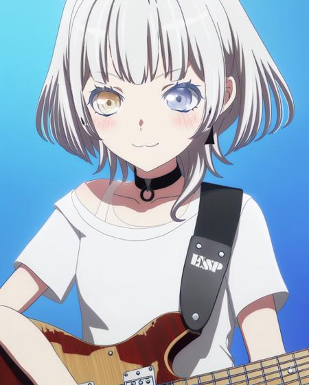 masterpiece, best quality,     <lora:ALL:1>,1girl, solo,1girl, instrument, solo, guitar, heterochromia, shirt, electric guitar, holding instrument, choker, collarbone, white shirt, bass guitar, smile, jacket, yellow eyes, short sleeves, short hair, bangs, upper body, holding, black choker, blue eyes, blurry, music, blush, grey eyes, playing instrument, :3, blurry background, white hair, blue background, Kaname RÄna