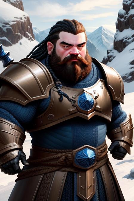 realistic photo of a dwarf man (close up:1.1), action pose, paladin, broad shoulders, broad waist, stocky, (eyes wide open:2), fantasy heavy armor, fantasy, mountain, snow, winter, looking into the camera, hair flying, weapon, (anime), (illustration), cartoon, detailed, <lora:Dwarf_Diffusion:0.8>