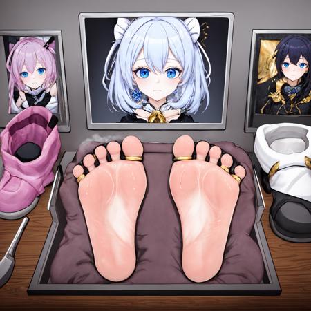 pov,1girl,(A box is on the table:1.2),the wall photo have a girl portrait,in photo,pov,footbox,only head,box,soles,glowing,purple eyes,girl boots,foot focus, full body, Photographs, portraits,
,no body,no arm,no hand,steam,hot,wet,spread toes, 5 toes,
,(beautiful eyes, blue eyes), eyes on viewer
,gold flower,
,(masterpiece, perfect quality, ultra detailed),  <lora:foot_sit:0.4> <lora:feetPoseAnime_v11:0.3> <lora:add_detail:0.4> <lora:foot:0.25> <lora:æµè¯4endï¼footbox:0.75>